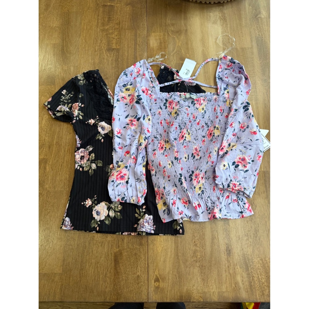 Rue21 and Crave Fame Floral Top Bundle Lace Trim Smocked Puff Sleeve Medium NWT